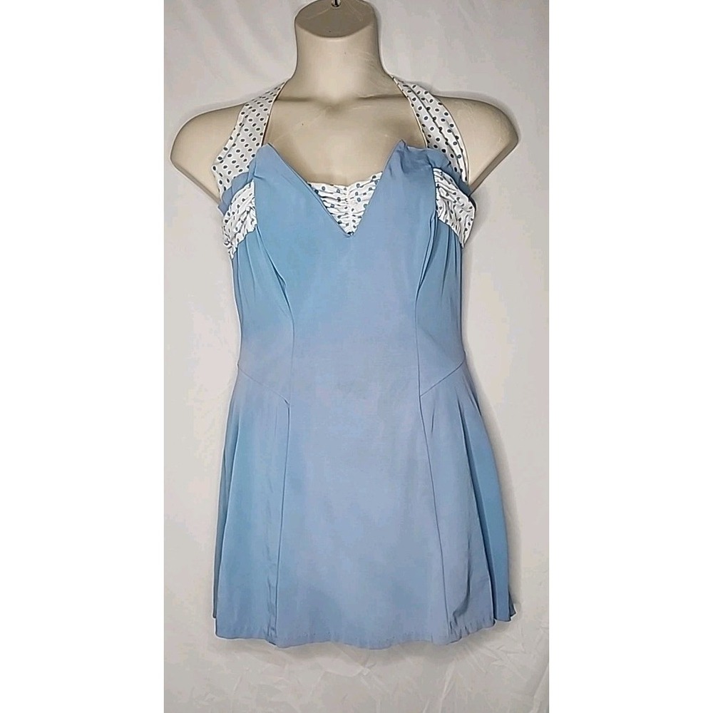 Vtg Sea Stars Kerry Brooke Sears Polka Dot Halter Swim Dress Blue White Retro